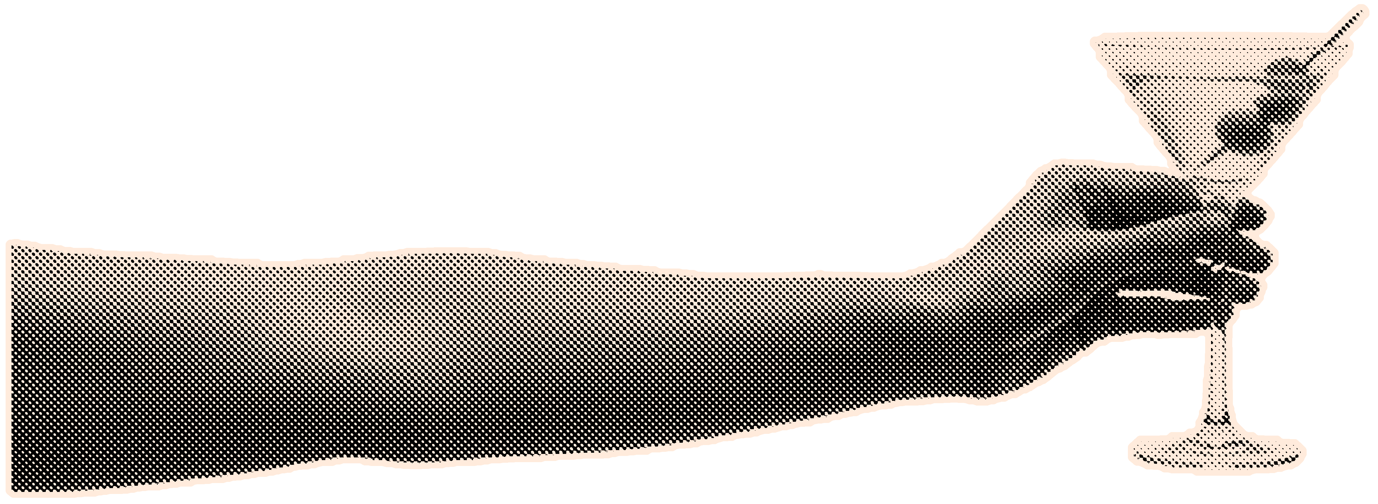 Halftone black and white image of an arm holding a martini glass.